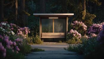 Tranquil morning scene at a park bus stop illuminated by early sunlight nature photography photo