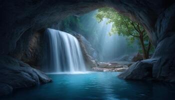 Serene waterfall cascading in a chamber cave nature's beauty tranquil environment captivating view photo