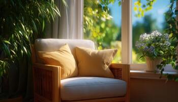 Sunlit reading nook by the window cozy space nature view relaxing ambiance photo
