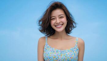 Charming asian woman smiling in pastel summer dress outdoor setting portrait photography bright atmosphere photo
