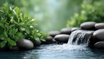 Bubbling mountain spring waterfall surrounded by lush greenery in nature's tranquil environment photo