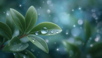 Sunlit leaf with droplets nature close-up dreamy environment serene viewpoint photo