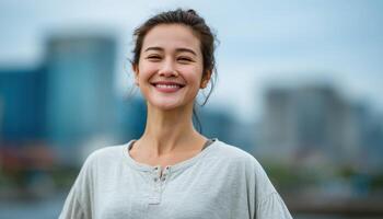 Young woman practicing tai chi in urban skyline lifestyle photography serene environment photo