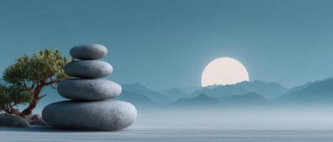 Zen stone stacking serenity tranquil landscape digital art minimal color palette peaceful viewpoint photo