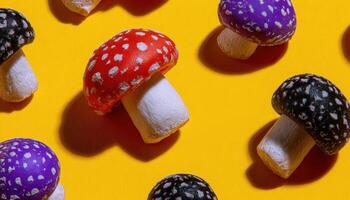 Vibrant mushroom display closeup yellow background nature colorful artistic concept photo
