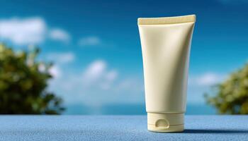 Fresh cream tube display outdoor setting product photography natural environment minimalist view clean design photo