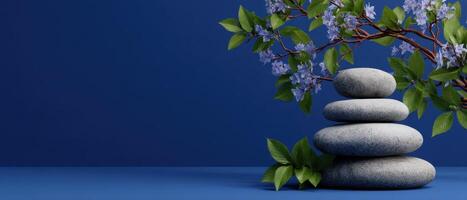 Zen garden serenity minimalist stone arrangement tranquil blue background peaceful atmosphere photo
