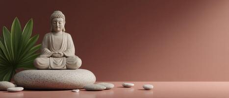 Zen buddha statue surrounded by stones minimalist living room decorative art calm environment close-up view photo