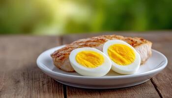 Sliced boiled eggs and grilled chicken on a plate kitchen setting food photography minimalist style photo