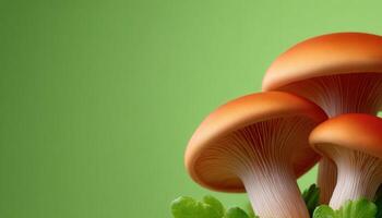 A trio of assorted mushrooms on gentle green background nature photography low resolution photo