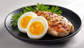 Delicious boiled eggs and grilled chicken meal setup home kitchen food photography elegant design close-up view photo