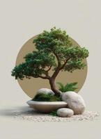 Zen bonsai tree arrangement minimalist color background nature art tranquil environment low-resolution view photo