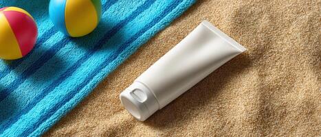 Summer beach scene with cream tube and colorful mat relaxation tropical vibes low-resolution view photo