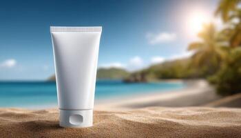 Refreshing beach scene featuring a blank cosmetic tube on soft sand tropical paradise product photography photo