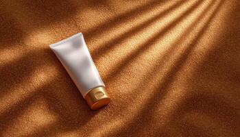 Elegant cream tube displayed on shimmering gold surface beauty product serene setting photo