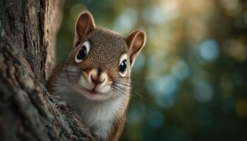 Playful baby squirrel peeking around tree trunk forest animal photography natural environment close-up whimsical photo