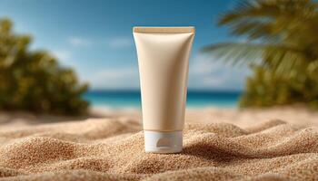 Serene cream tube on sandy beach minimalist photography coastal environment soft focus viewpoint photo