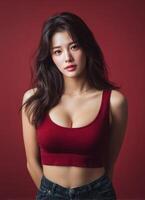 Elegant asian model posing in slim fit outfit against red background fashion photography studio setting photo
