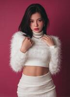 Elegant asian model posing in stylish outfit solid color background fashion photography studio setting photo
