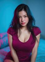 Slim asian model posing in colorful background portrait photography bedroom artistic view photo