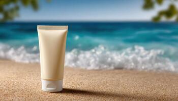 blank cream tube on sunlit sandy beach coastal scene close-up view relaxation concept photo