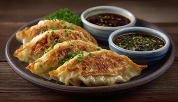 Delicious gyoza appetizer with dipping sauces japanese cuisine food photography rustic setting close-up view photo