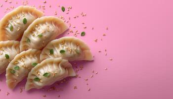Gyoza dumplings with sesame seeds culinary delight food photography minimalist setting top-down view asian cuisine photo