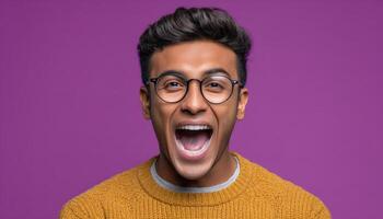 Dynamic indian man speaking passionately studio portrait vibrant background close-up communication photo