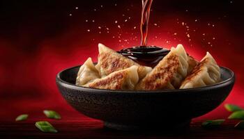 Delicious gyoza dipped in soy sauce gourmet kitchen food photography warm ambiance close-up culinary delight photo