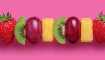 Colorful skewered fruit delights at festival vibrant display outdoor market eye-level view photo