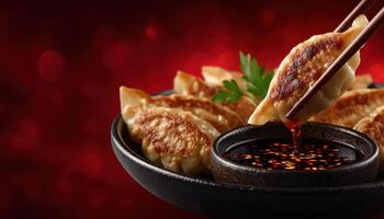 Dipping gyoza into soy sauce asian cuisine food photography warm environment close-up shot photo