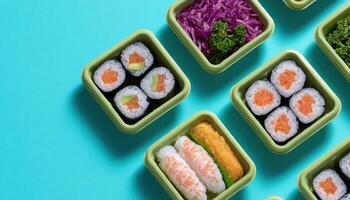 Artistic bento box sushi arrangement vibrant setting food photography modern aesthetic top-down view photo