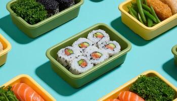 Artistic bento box arrangement featuring sushi delights modern kitchen food photography bright environment aerial view photo