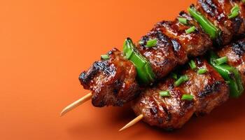 Sizzling grilled yakitori skewers with caramelized glaze culinary journey food photography vibrant setting photo
