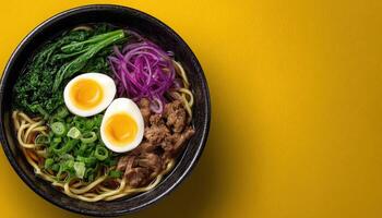 Savoring tonkotsu ramen a flavorful bowl in a vibrant yellow setting photo