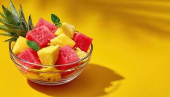 Colorful fruit salad with pineapple and watermelon bright yellow background food photography photo
