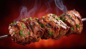 Sizzling shish kebab skewers outdoor grill food photography night setting dynamic shot photo