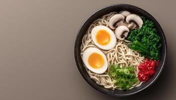 Delicious tonkotsu ramen presentation minimalist style culinary art simple background aesthetic appeal photo