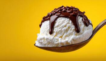 Delicious vanilla ice cream with chocolate drizzle studio setting food photography bright background photo