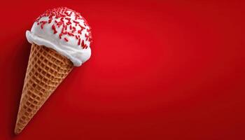 Melting ice cream cone on vibrant red background food photography playful colorful close-up photo