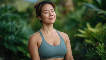 Meditation practice of an asian woman in a tranquil garden lifestyle photography peaceful environment photo