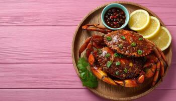 Delicious chilli mud crab with sliced lemons overhead view culinary delight vibrant kitchen setting photo