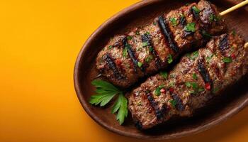 Grilled shish kebab delight outdoor barbecue food photography vibrant environment overhead view culinary art photo