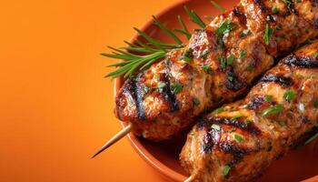 Grilled shish kebab delights kitchen food photography warm atmosphere overhead view culinary art photo
