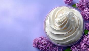 Delicious whipped cream swirl overhead view food photography floral background soft lighting dessert concept photo