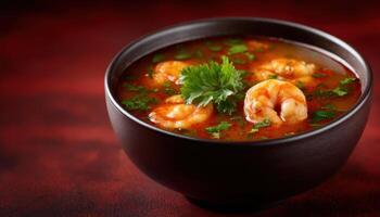 Savory tom yum kung soup in modern bowl culinary delight cozy setup captivating presentation photo