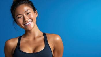 Empowering stretching techniques for fitness enthusiasts vibrant blue background lifestyle photography asian woman photo