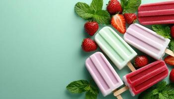 Refreshing ice cream popsicles with fresh strawberries on soft green background art style close-up view photo