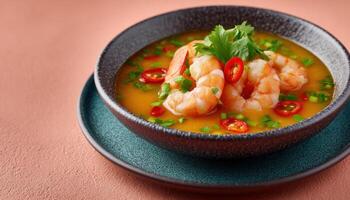 Delicious tom yum kung soup with shrimp thailand food photography vibrant colors close-up view photo
