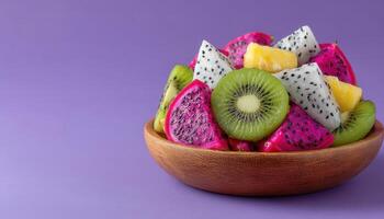 Vibrant fruit salad display kitchen table food art cheerful setting close-up freshness concept photo